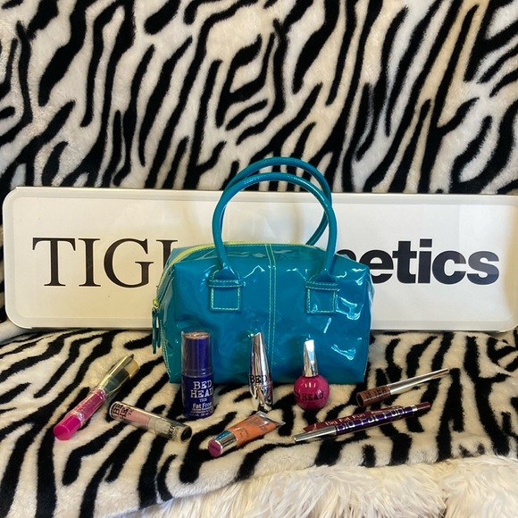 TIGI BedHead Blue Patent Leather Makeup Bag with Discontinued BedHead Makeup